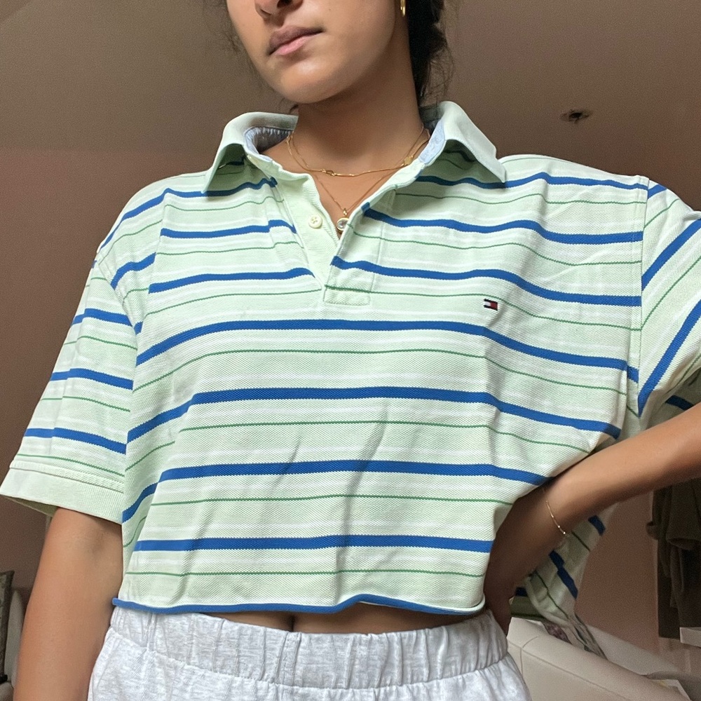 Tommy Hilfiger green and blue striped cutoff collared t shirt